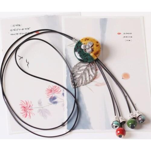 Ceramic Necklaces Sweater Chain Cord Antique Silver Color Beads Flower Pendants Hollow Leaf Charm Long Tassel Women Jewelry