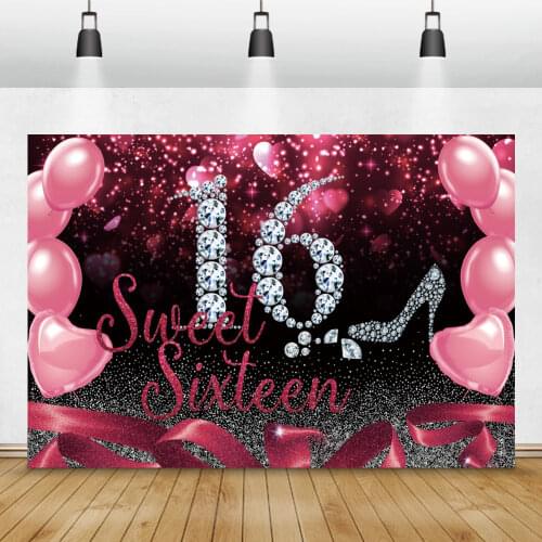 Laeacco Sweet Sixteen Birthday Party Photo Backdrops Diamond Pink Balloons High Heels Shiny Glitters Personalized Backgrounds