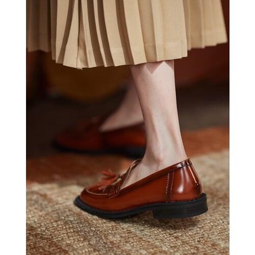 MORDOAN Genuine Leather Loafers Women Shoes Square Toe Flats Brock Womens Shoes Oxford Shoes For Women Retro Tassel Shoes