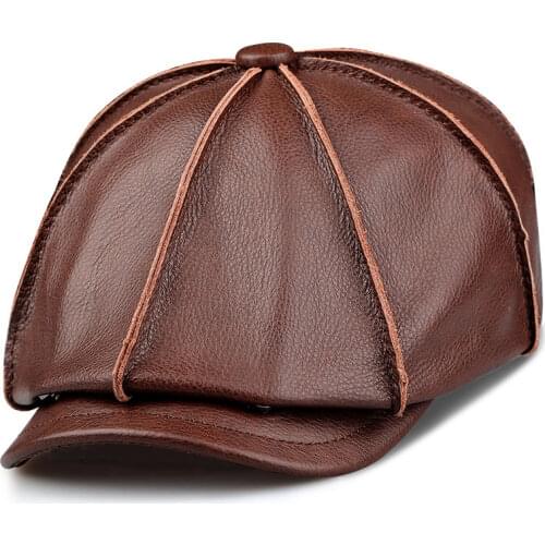 Mengyumian Retro Octagonal Genuine Leather Hat Autumn Mens Cowhide Leather Beret Elegant Fashion Tongue Cap Snapback Caps For M