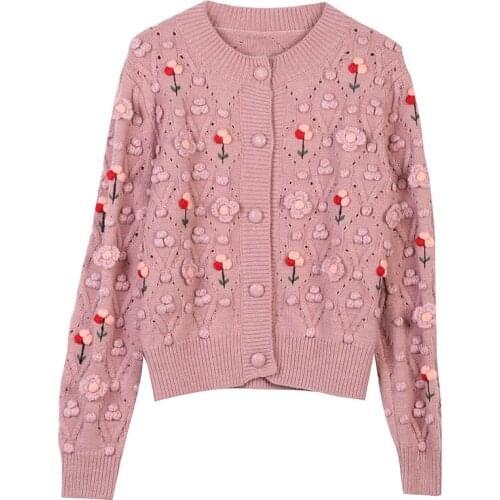 Runway Fashion Women Winter 3D Floral Embroidery Slim O-Neck Knitted Cardigan Jacket Coat 2020 New Christmas Pink Sweater
