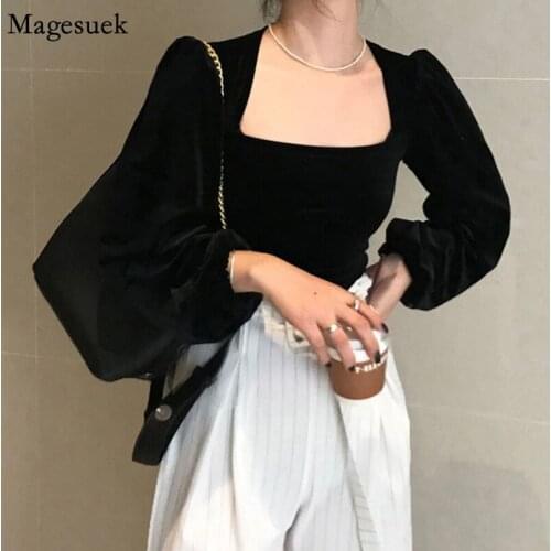 New Spring Vintage Puff Sleeve Top Blouses Female Solid Shirts Blouse Women Casual Square Collar Casual Sexy Blouse Blusas 12690