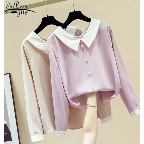 Korean V-neck Solid Womens Shirts Peter Pan Collar Beading Clothes Blusas 2021 Autumn Vintage Chiffon Blouse Long Sleeve 11143