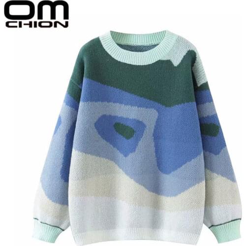 OMCHION Sueter Mujer 2021 Autumn New Geometric Abstract True Colours Sweater Women Casual Loose Oversized Y2K Pullover BE73