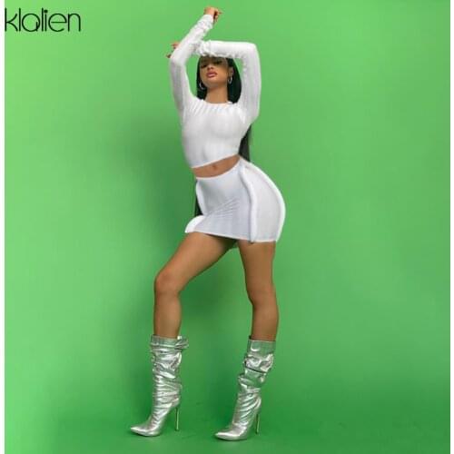 KLALIEN Autumn Fashion Casual Solid Slim Long Sleeve Top and Mini Skirt Two Piece Skirt Set For Women Streetwear Y2K Skirt Set