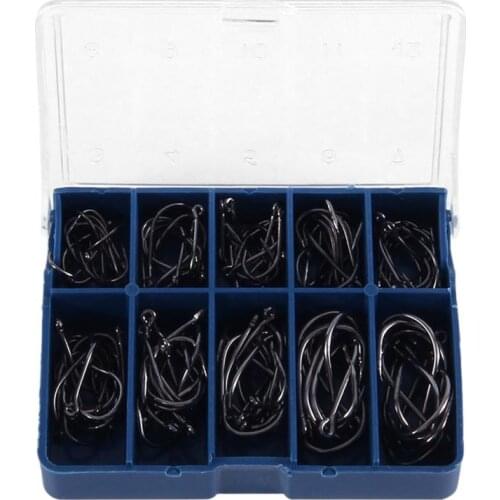 Durable 1 Set 80 Pcs 10 Sizes 3# To 12# Black Silver Fishing Hooks With Hole Carp Fishing Tackle Box 10 Compartments Fishhook