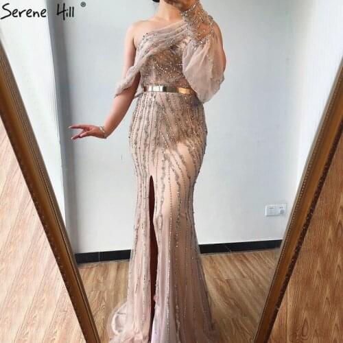 Pink Dubai One Shouder Sexy Prom Dresses Luxury Beading Crystal Sparkle Prom Gowns 2020 Serene Hill BLA70258