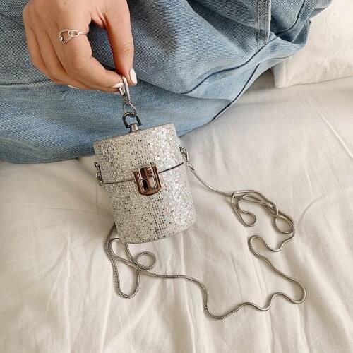 Fashion Trendy Luxury Women Lipstick Bag Chains Solid PU Leather Small Sequins Shoulder Crossbody Bag Mini Purses Handbags