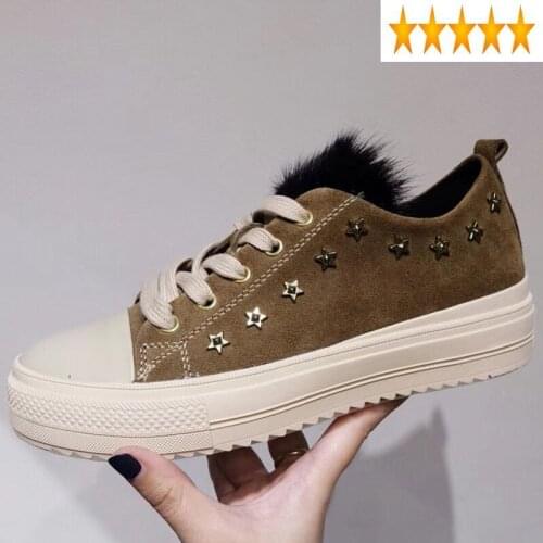 Women Fashion Cow Suede Winter Star Rivets Warm Leisure Cotton Shoes Street Lace Up Short Plush Flat Sneakers Female
