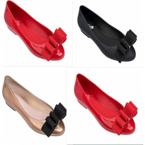 Melissa Women Jelly Shoes Shallow round head single PVC shoes flat bowknot womens shoes jelly beach flat heel Loafers SHW063