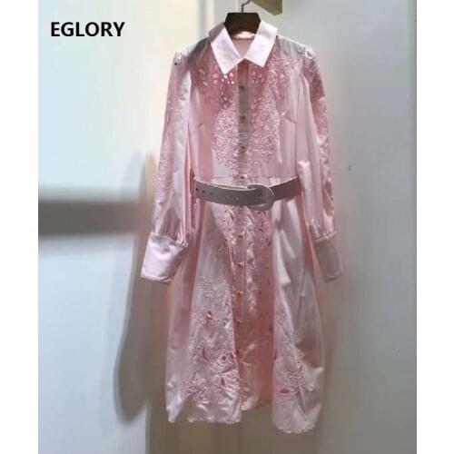 2020 Autumn Fashion White Pink Dress High Quality Cotton Women Turn-down Collar Hollow Out Embroidery Long Sleeve Dress Belts