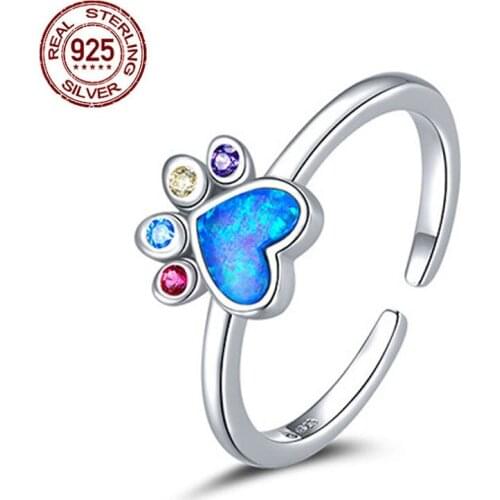 Fashion Cute Adjustable Size Cat Paw Ring With Blue Opal 925 Sterling Silver Rings Fine Jewelry For Women Dropshipping in Box