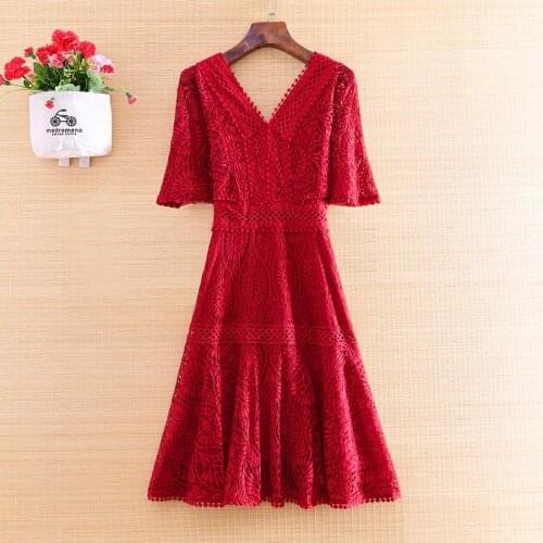 The New Spring Summer Women Lace Dress Style Retro Elegant Embroidery Slim V-neck Hollow Out Elegant Lady Party dress S-XL