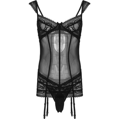 MSemis Mens Sissy Dress Sissy Lingerie Crossdresser Dresss Sheer Mesh Adjustable Straps Lace Sissy Garters with G-string