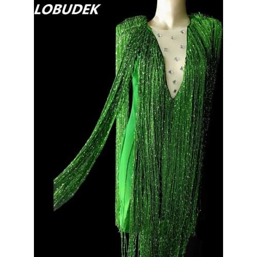 Fashion Long Tassels Crystals Dress Women Singer Concert Stage Costume Sexy Fringes Dress Party Dance Performance Dance Clothing