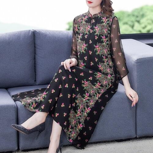 Spring Summer Black Floral Mulberry Silk Elegant Midi Dress 2021 Vintage 3XL Plus Size Chiffon Dress Women Bodycon Party Vestido