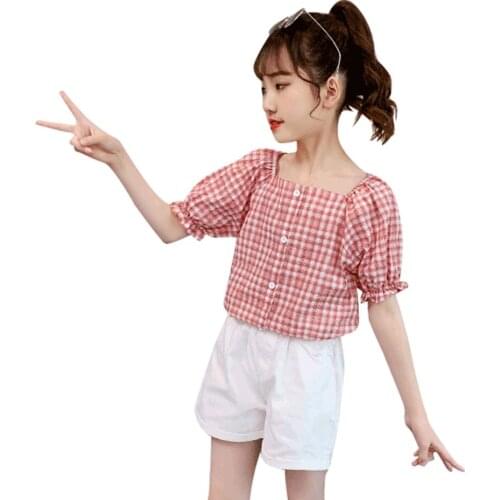Kids Clothes Plaid Tshirt + Short Girls Outfits Summer Kids Clothes Girls Casual Style Kids Clothing 6 8 10 12 14
