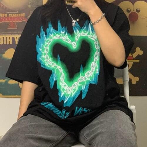 Tshirt Casual Flame heart Print O-Neck stripe Tees Creativity Loose T-Shirts Women Short Sleeve Oversize top Hip Hop Streetwear