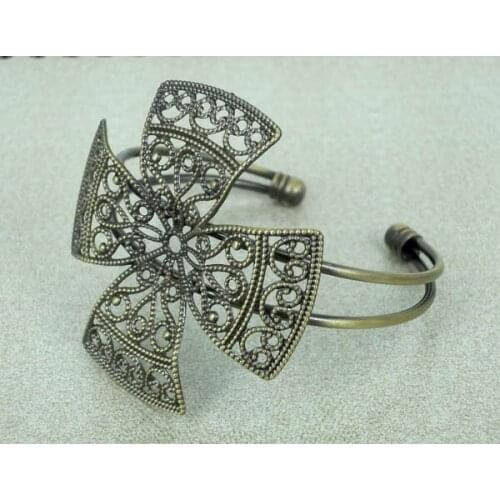 Blank Bangle Settings 4-leaf Filigree Flower Cross Bases Lucky Bracelet Cuff Bangle Findings Vintage Antique Bronze Brushed