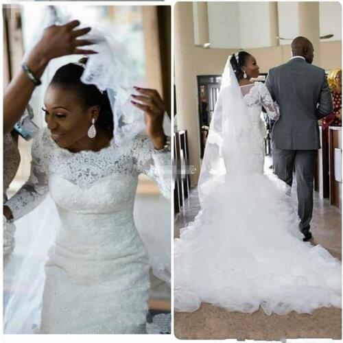 Graceful Mermaid Lace Wedding Dresses Long Sleeves Appliqued Bridal Gowns Tulle Sweep Train Trumpet robe de mariée