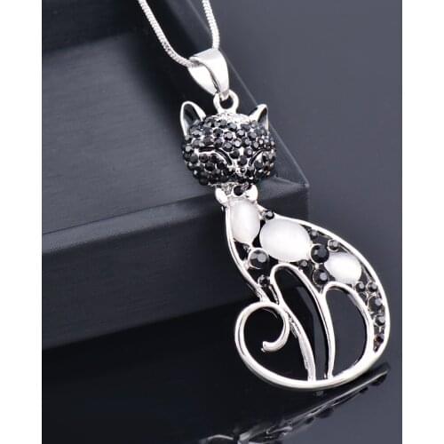 KIOOZOL Sexy Rhinestone Cat Grey White OPAL Body Hollow Pendant Silver Color Long Necklace For Women Statement Jewelry 410 KO4