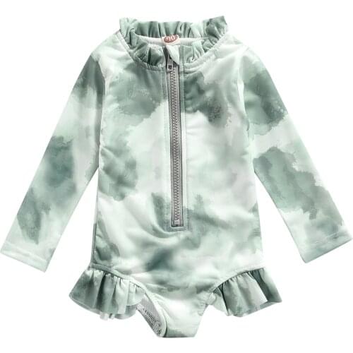 Children Tie-dye Swimsuit Girls Long Sleeve O-neck Zip-up Swimwear with Ruffles