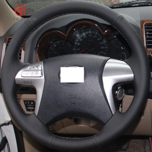 LQTENLEO Black Genuine Leather DIY Hand-stitched Car Steering Wheel Cover for Toyota Fortuner Hilux 2012-2015