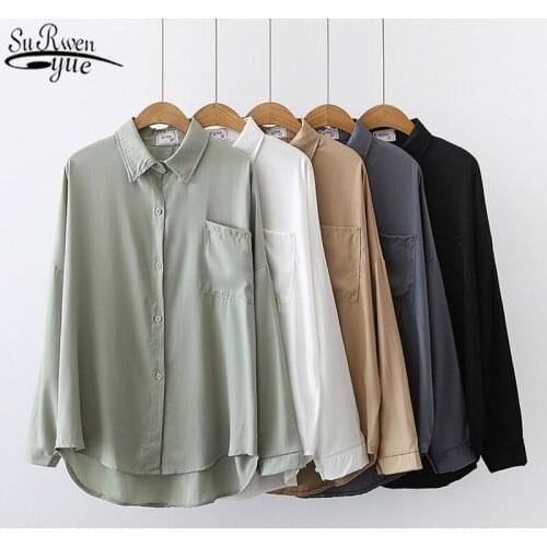 Fashion POLO Collar Loose Slim Solid Pocket Chiffon Blouse 2021 New Korean Retro Long Sleeve Womens Shirts Blusas Mujer 11333