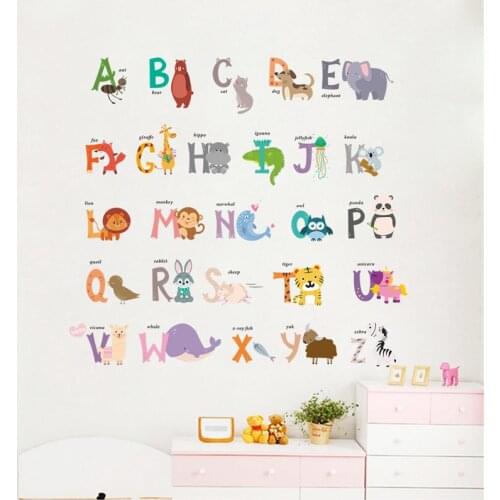 Cartoon Jungle wild 26 letters alphabet animals wall stickers for kids rooms home decor children wall decal poster mural