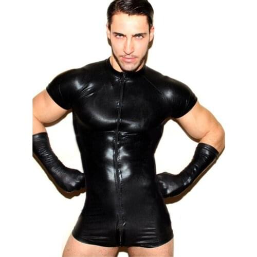 Mens Black Mesh Patent Leather Zipper Bodysuit Sexy Short Sleeve Open Crotch Skin Tight Catsuit Male Clubwear Costume Plus Size