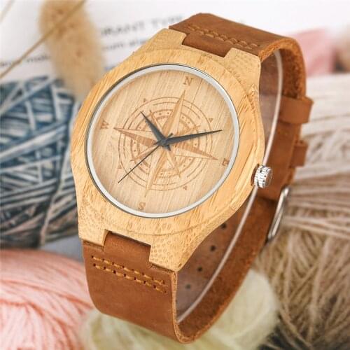 Handmade Nature Wood Watch Engraved Compass Dial Mens Sport Quartz Analog Wrist Watches Soft Brown Leather Strap Wooden Case