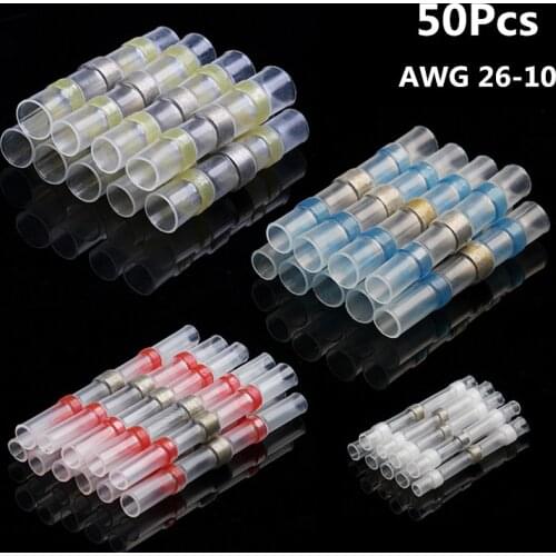 50Pcs Wire Cable Soldering Terminal Set Waterproof Solder Seal Heat Shrink Butt Wire Connectors Solder Sleeve Kit AWG 26-10