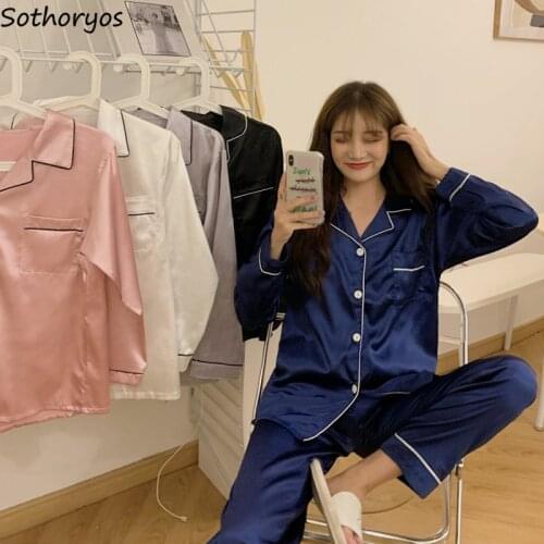 Pajama Sets Women Silk Thin Sleepwear Button-down Elegant Long Sleeves Two Piece Set Pyjamas Nighties Chic Loose Autumn Solid