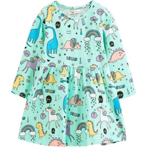 Jumping Meters New Arrival Dinosaurs Unicorns Print Princess Girls Dresses Autumn Winter Childrens Clothes Cotton Kids Frocks