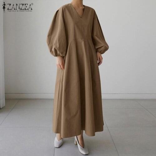 Women Elegant V Neck Long Puff Sleeve Sundress ZANZEA Autumn Dress Casual Loose Solid Kaftan Vestido Robe Femme Party Dresses