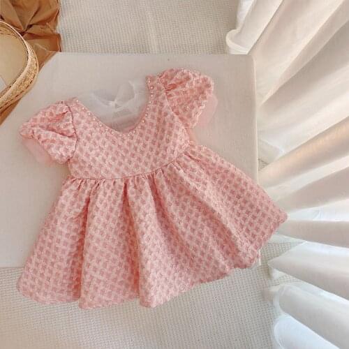 Girls Dresses Summer Puff Sleeve Princess Birthday Party Kids Clothes Ball Gown with Pearls Children Wear 1-6Y 2 Color