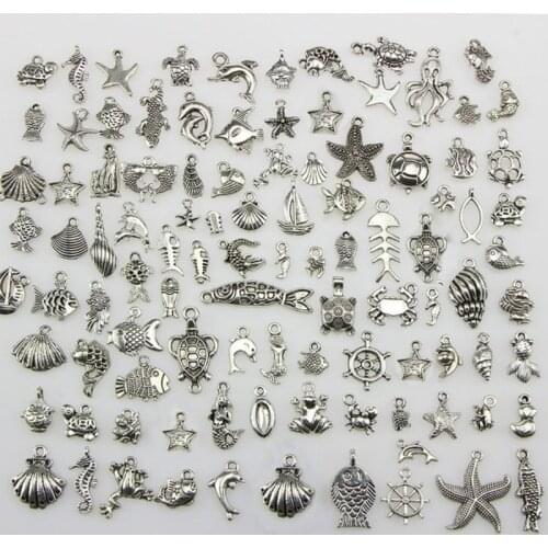 50 Tibetan Silver Mixed Seahorse Shell Starfish Turtle Ocean Charms Pendant and 100pcs Flower Beads Caps Jewelry DIY Accessories