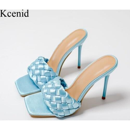 Kcenid Size 35-42 New Satin Weave Women Slippers Thin High Heel Sandals Square Open Toe Slip On Summer Outdoor Slides Flip Flops