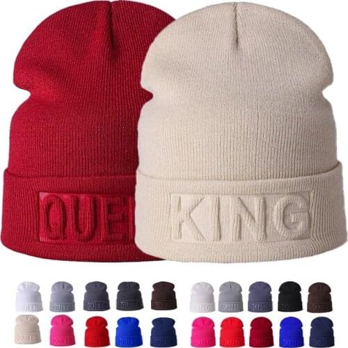 New Winter Hat King Queen Beanies Fashion Hip Hop Couples Cap Casual Solid Hat Men Woman Warm Knitted Beanie Ski Skullies Bonnet