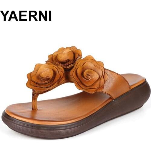 YAERNI 2020 Women Slippers Sandals New Women Sandals Genuine Leather Flower Fashion Casual Wedge Flip Flop Women