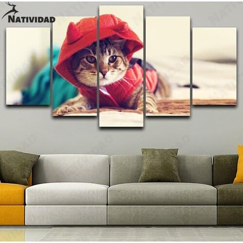 Modern Animal Canvas Painting Cute Kitten with Red Hat Picture Print Poster Living Room Bedroom Shop Home Decoration Wall Art