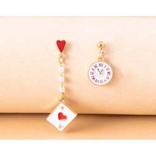 Cute Cartoon Alice Red Heart Pearl Asymmetrical Earrings Fashion Playing Card Poker Clock Pendant Drop Earrings For Women Girls