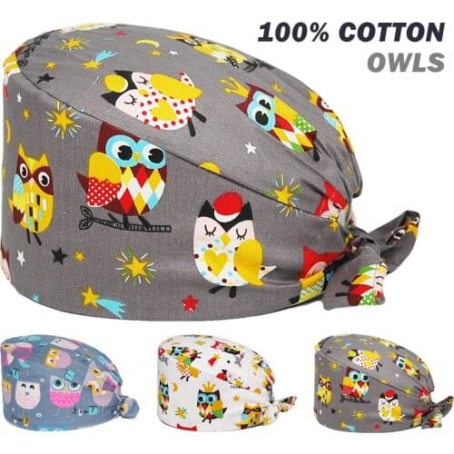 Unisex Anime Scrub Cap Owls Printing 100% Cotton Nursing Hats Adjustable Tie Back Beauty Salon Pet Shop Working Scrub Caps Women