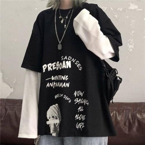 Black Letter Print Tshirt Loose Punk T-Shirts Womens Autumn High Street T Shirts Funny Long Sleeve Tshirt Streetwear Girls Tops