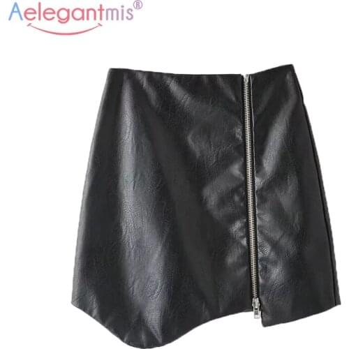 Aelegantmis Solid Black Irregular Zipper Pu Leather Skirt Women Elegant High Waist Short Skirt Ladies Casual Mini A-line Skirt