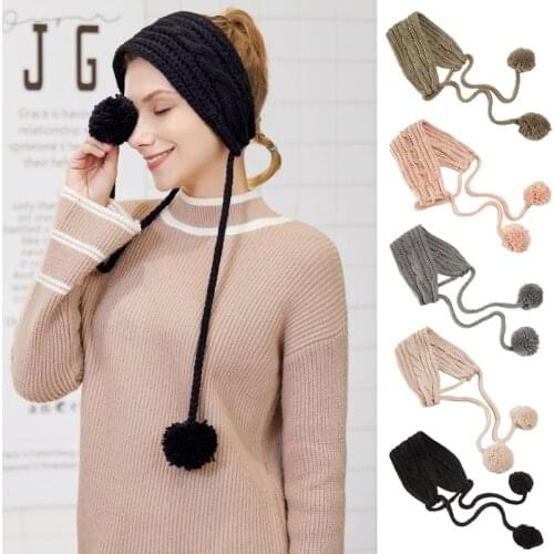 Women Men Winter Cable Knitted Earmuffs Headband Solid Color Pompom Chin Strap Chunky Crochet Thermal 2 In 1 Scarf Earflap Ear