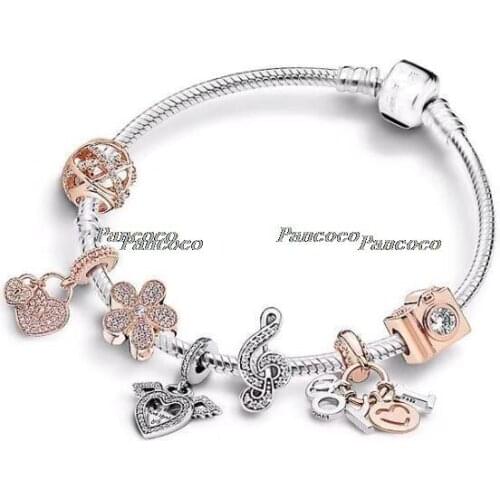 925 Sterling Silver Rose Gold I Love You Letter Pendant Beaded Bracelet For Women Wedding Gift Fashion Jewelry