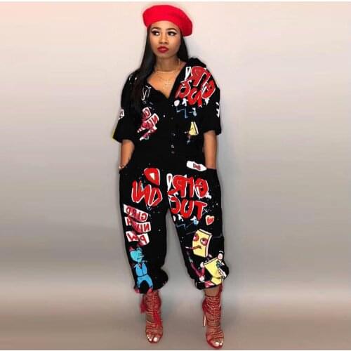 Women JUMPSUIT Print Hippie Turn Down Collar Rompers Baggy Harajuku Female Outfits Lounge Wear Jogger Pants Summer Plus Size 3xl
