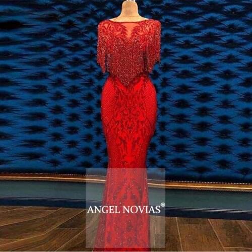 Angel Novias Long Mermaid Red Embroidery Lace Arabic Abendkleider Evening Dress 2020 with Crystals Tassels Vestidos De Noche