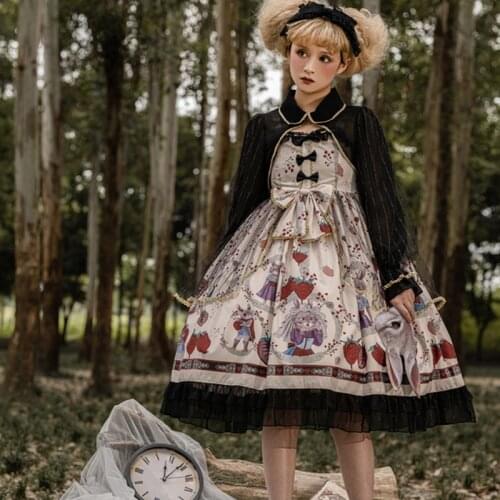 Original Japanese Style Dark Lolita Daily Rabbit Print Large Swing JSK Suspender Dress for Women gothic lolita dress